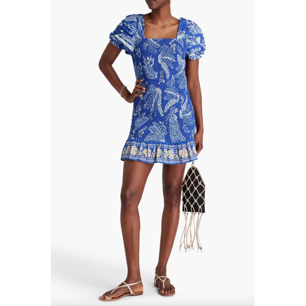 Farm Rio Broderie Anglaise Floral Smocked Print Mini Dress Tiers Ruffle Sleeve L